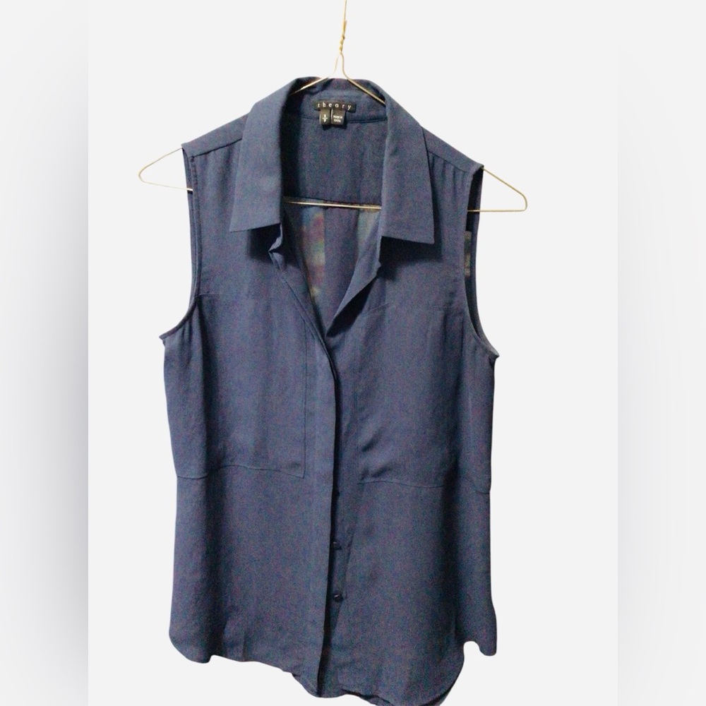 Theory Dark Blue Sleeveless Button-Down Shirt